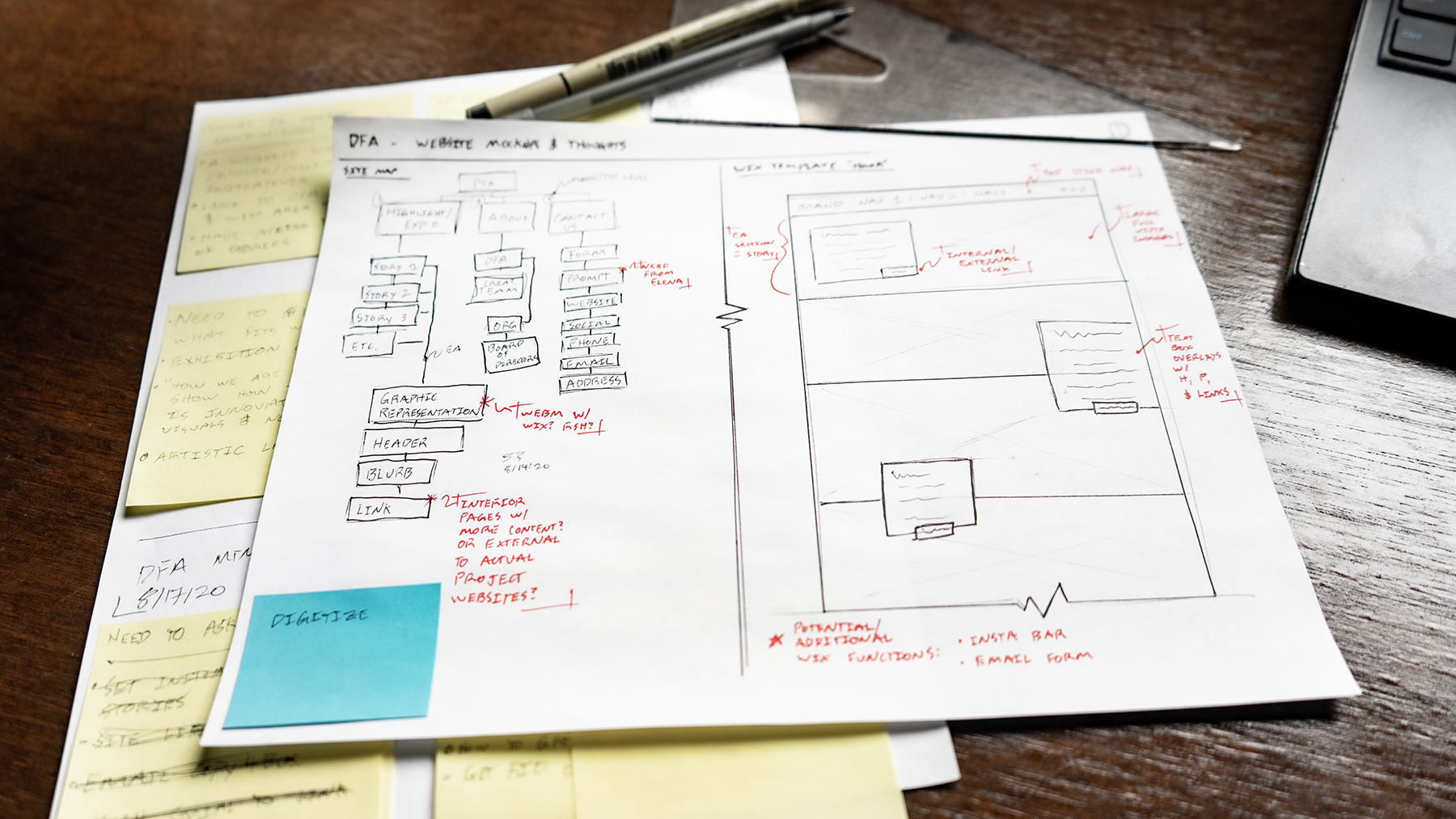 Hand drawn sketches ideating how the DFA website could look and feel